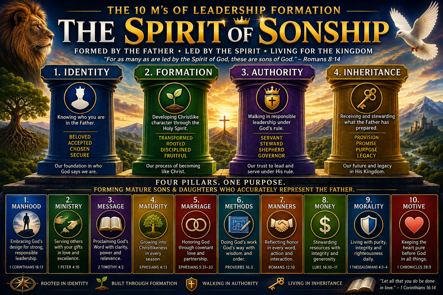 'The Spirit of Sonship' midweek teaching series artwork — the 10 M's of leadership formation across four pillars: identity, formation, authority, and inheritance